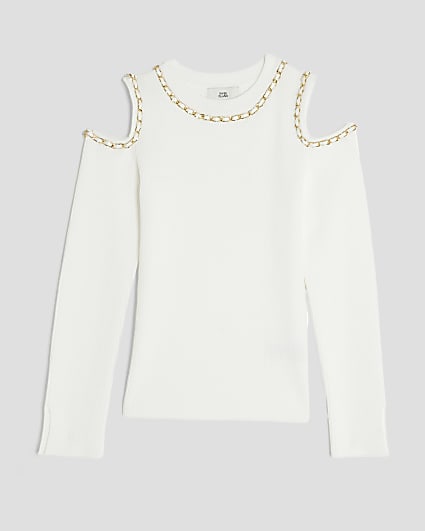 Girls Cream Chained Cut Out Top