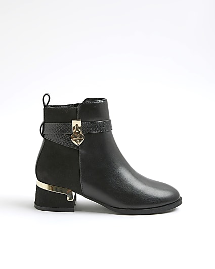 Girls Black Heart Lock Ankle Boots