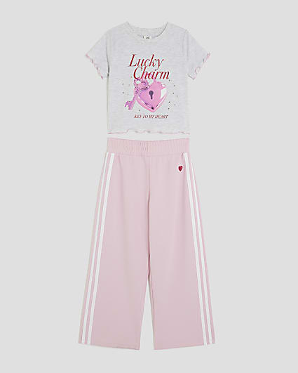 Girls Grey Bow T-Shirt & Tracksuit Pants Set