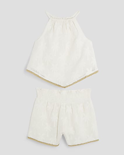 Girls Cream Hanky Hem Shorts Set
