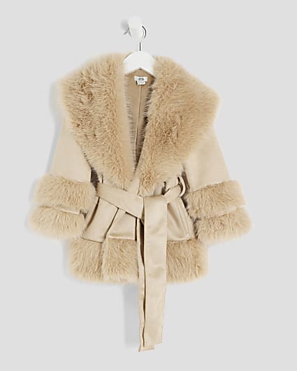 Mini Girls Beige Suedette Fur Wrap Coat