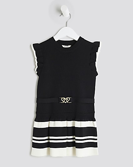 Mini Girls Black Belted Ruffle Hem Dress