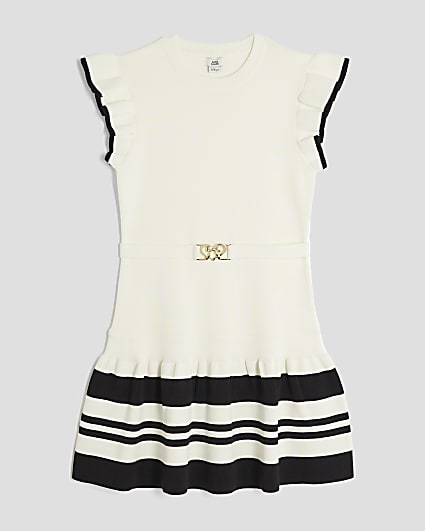 Girls Cream Belted Flared Hem Dress