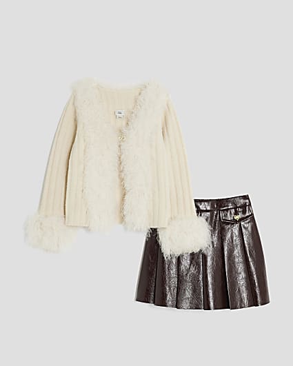 Girls Cream Feather Cardigan And Skirt Set