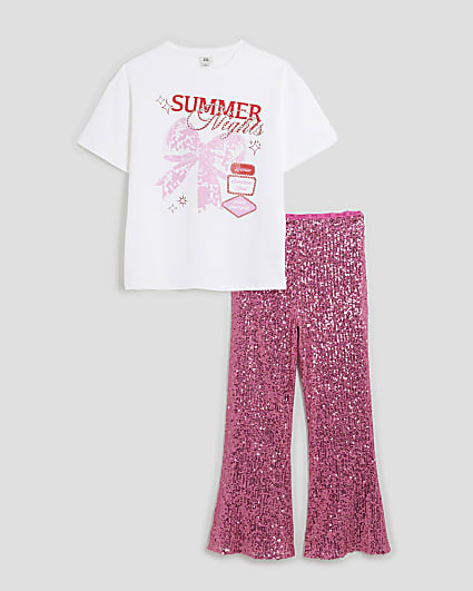 Girls Pink Sequin Flared Trousers Set