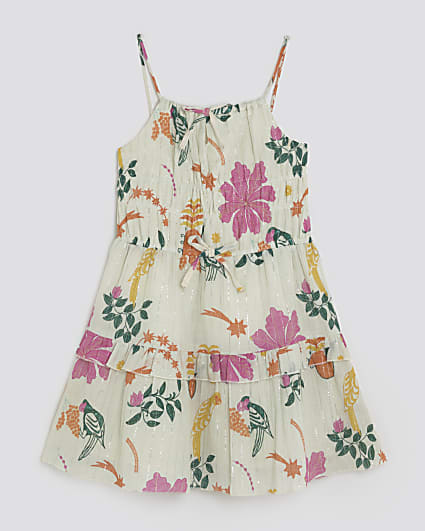 Girls White Floral Stripe Mini Dress