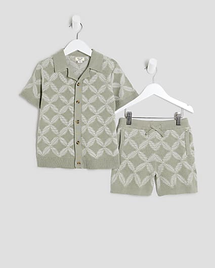 Mini Boys Khaki Geometric Polo Shorts Set