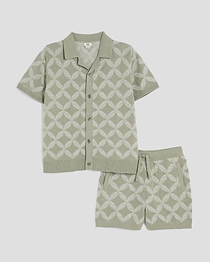 Boys Khaki Geometric Revere Polo Short Set