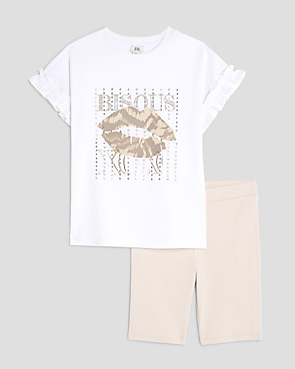 Girls White Embellished Lips Cycle Shorts Set