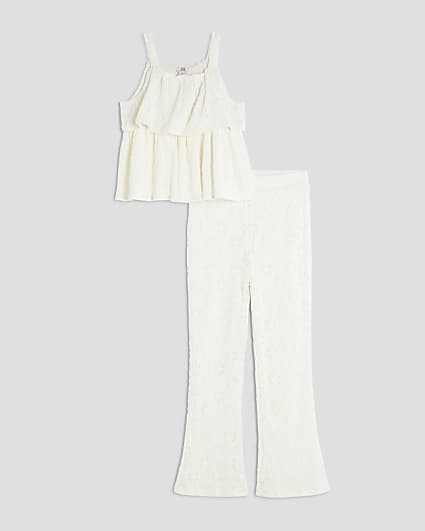 Girls Cream Lace  Kickflare Trousers Set