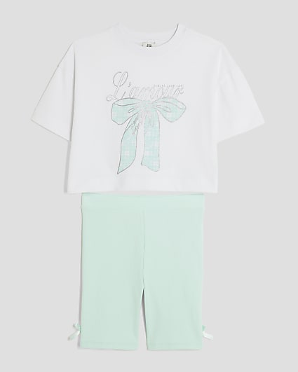 Girls Blue Gingham Bow T-Shirt Set
