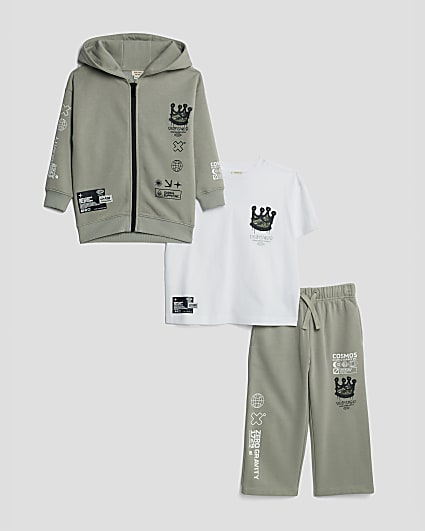 Mini Boys Khaki Crown Zip Through Hoodie Set