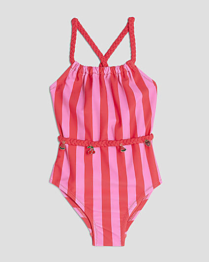 Mini Girls Pink Stripe Charm Belt Swimsuit