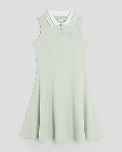 Girls Green Sleeveless Bow Collar Dress