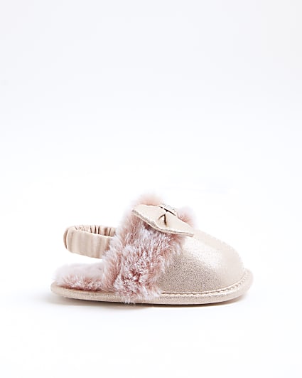 Baby Girls Pink faux Fur Bow Slippers