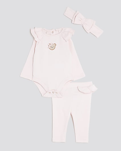 Baby Girls Pink Bear Bodysuit 3 Piece Set