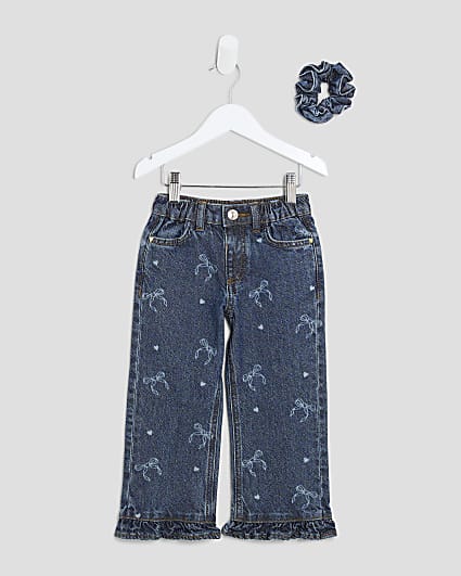 Mini Girls Laser Bow Jeans And Scrunchie Set