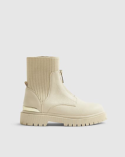 Girls Cream Zip Front Boots