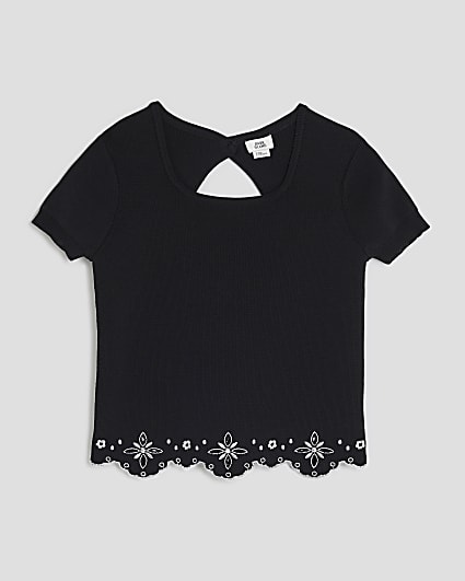 Girls Black Embroidered Hem Top