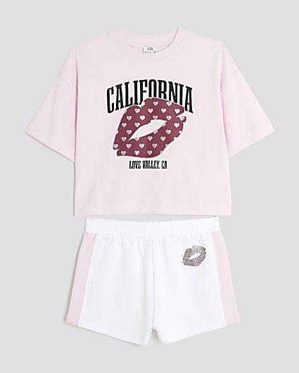 Girls Pink California Lips Crop Top Set