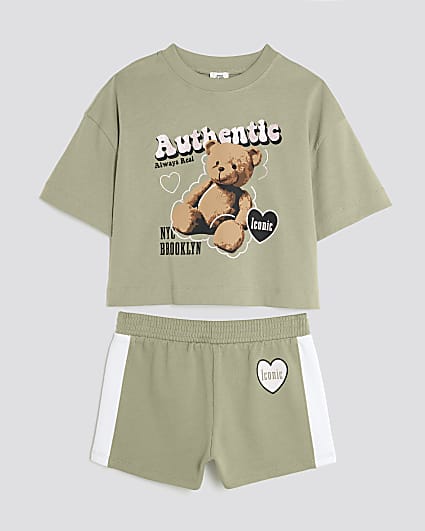 Girls Khaki Crop Top And Runner Shorts Set