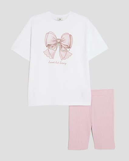 Girls Pink Bow T-Shirt And Cycle Shorts Set