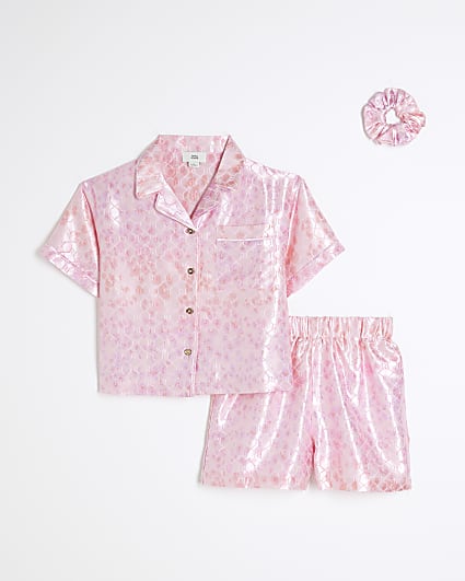 Girls Pink Satin Leopard Pyjamas Set