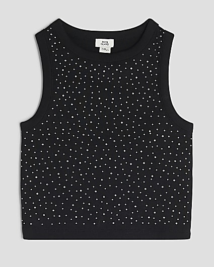 Girls Black Diamante Tank Top