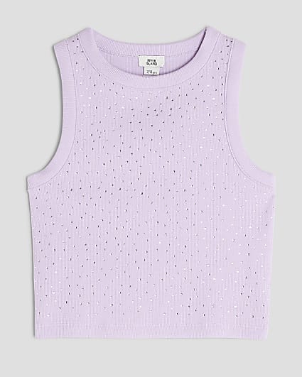 Girls Purple Diamante Tank Top