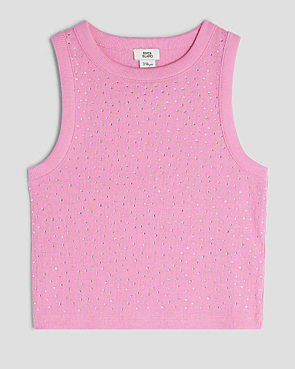 Girls Pink Diamante Tank Top