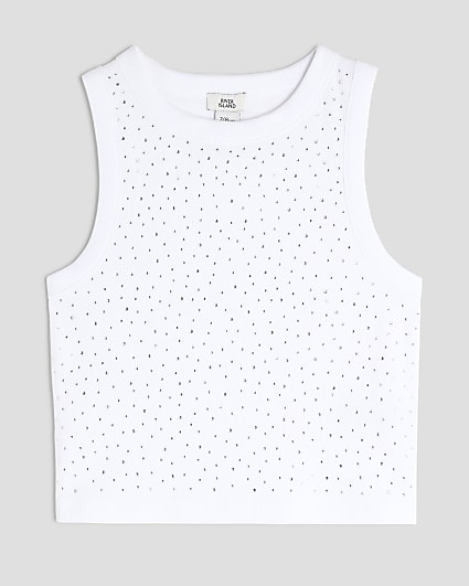 Girls White Diamante Tank Top