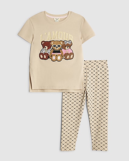 Mini Girls Beige Bear Graffiti T-Shirt Set