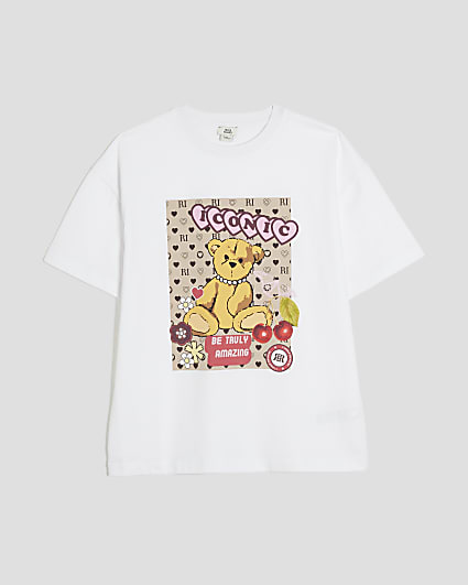 Girls White Monogram Bear T-Shirt