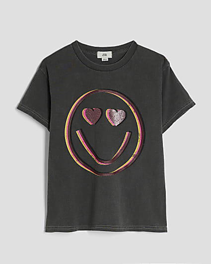 Girls Grey Neon Smiley T-Shirt