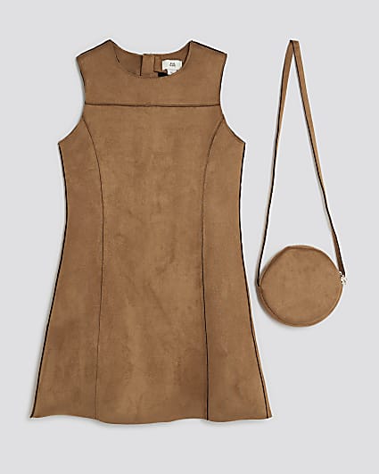 Girls Brown Faux Suede Dress With Bag