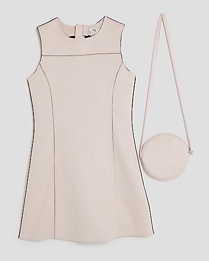 Girls Pink Faux Suede Dress With Bag