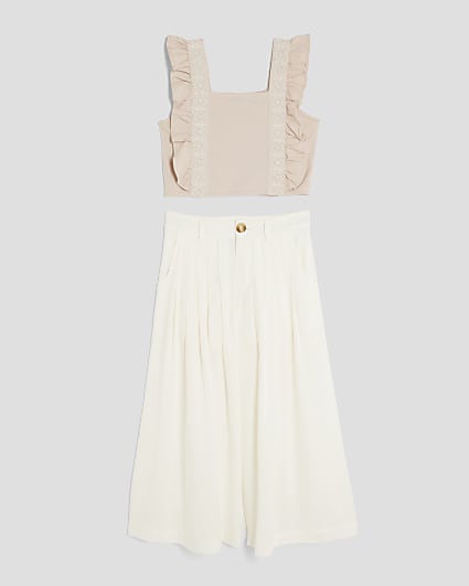 Girls Brown Frill Pleated Trousers Set