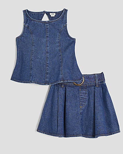 Girls Blue Denim Peplum Top And Skirt Set