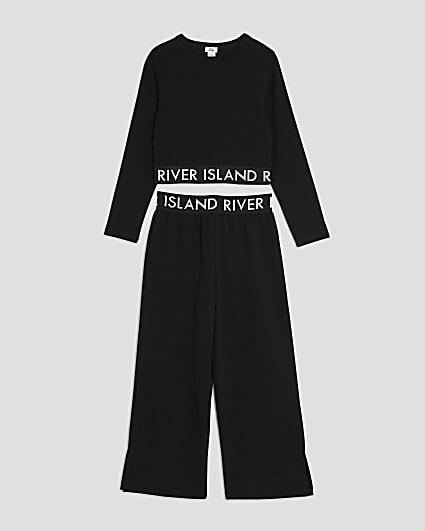 Girls Black RI Waistband Top And Joggers Set