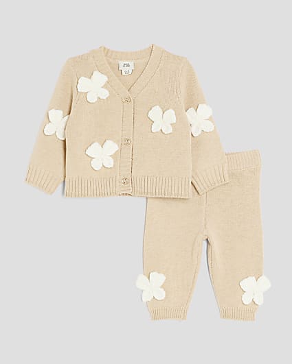 Baby Girls Beige Crochet Bow Cardigan Set