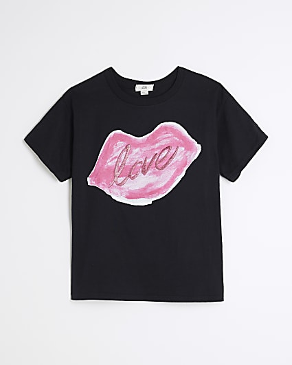 Girls Black Glitter Lips T-Shirt