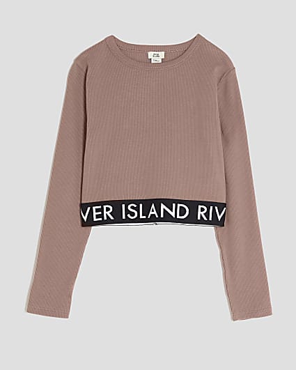 Girls Brown Ribbed RI Long Sleeve Top
