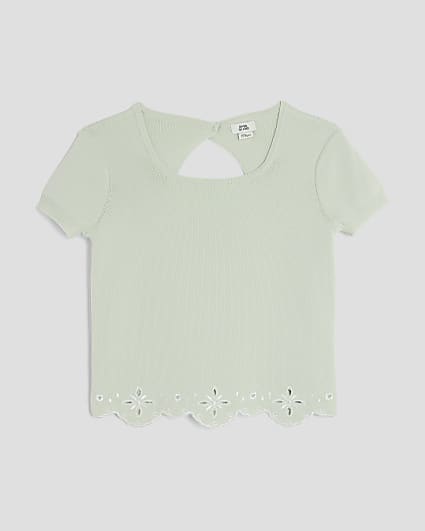 Girls Green Embroidered Hem Top