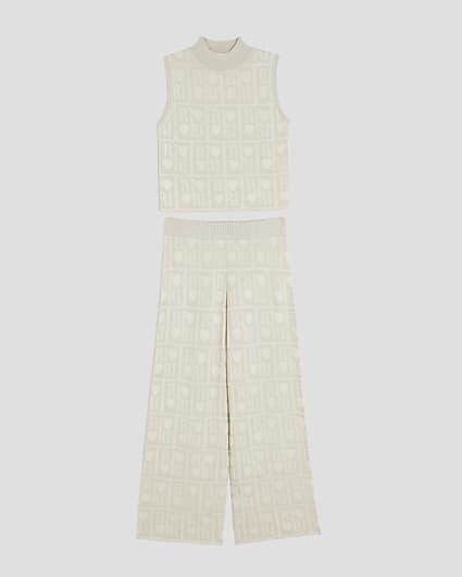 Girls Beige Monogram Wide Leg Trousers Set