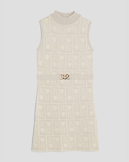 Girls Beige RI Monogram Belted Dress