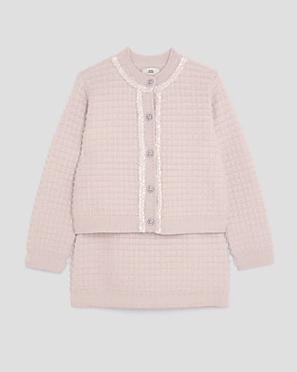 Girls Pink Boucle Cardigan And Skirt Set