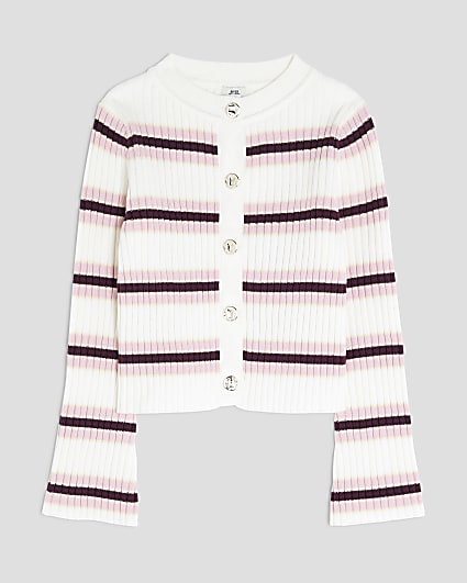 Girls Cream Striped Knitted Cardigan