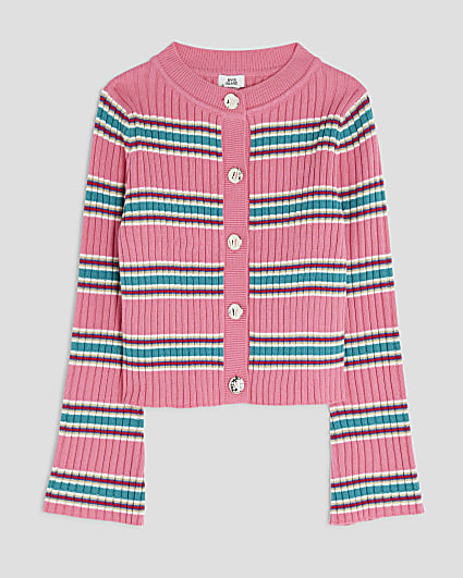 Girls Pink Striped Knitted Cardigan