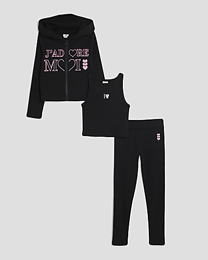 Girls Black Zip Through Hoodie 3 Piece Set