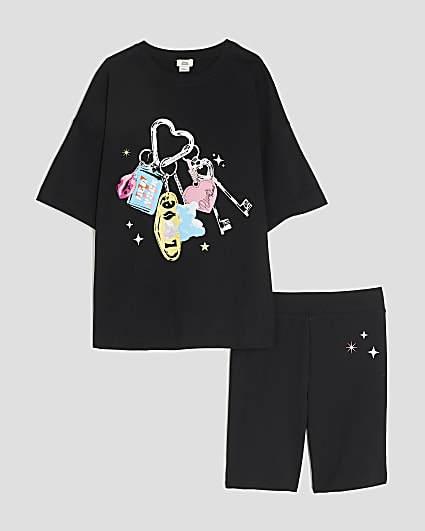 Girls Black Graphic T-Shirt Set